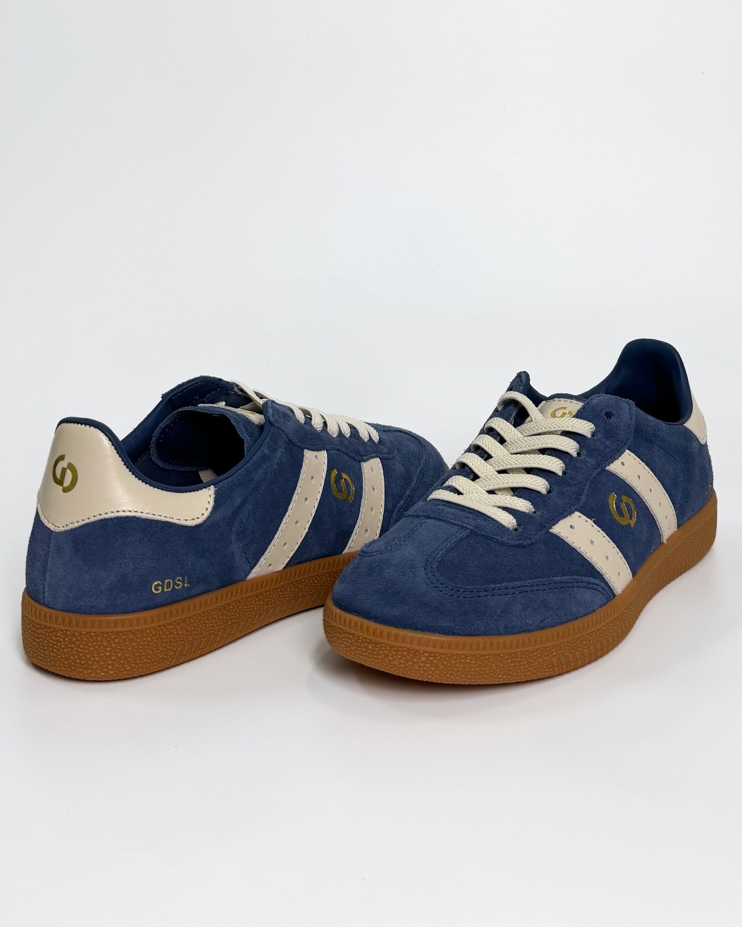 Women's Blue Suede Sneaker with White Stripes | Gretel Lane