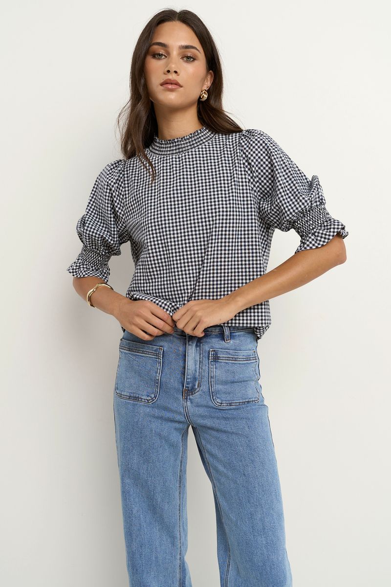 Affection High Neck Top (Navy Gingham)