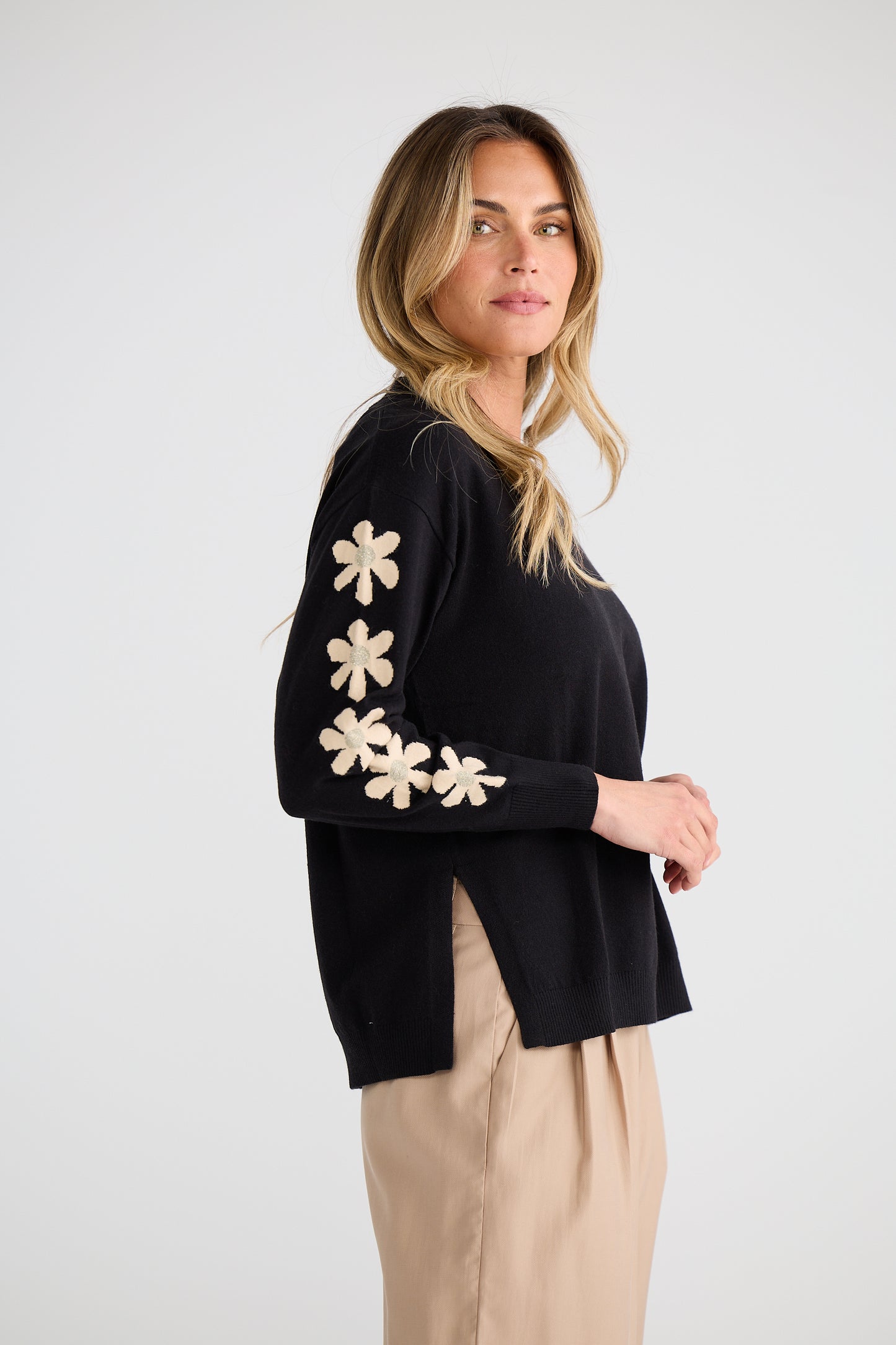 Brave + True Britney V-Neck Knit Jumper in Black Flower | Women's Knitwear | Gretel Lane