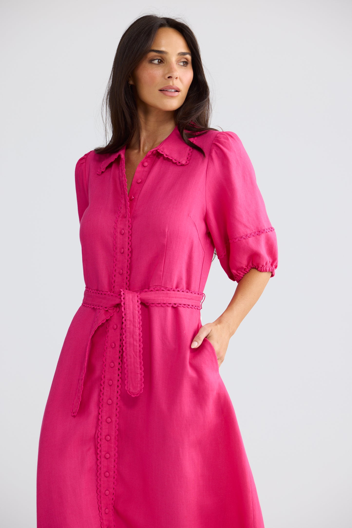 Brave + True Brynn Linen Blend Midi Dress Fuchsia | Women's Dresses | Gretel Lane