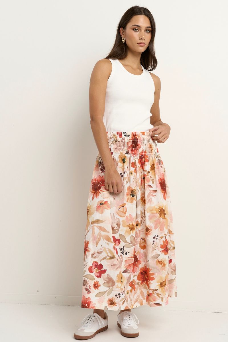 Cheerful Shirred Waist Maxi Skirt (Sunrise Meadow)