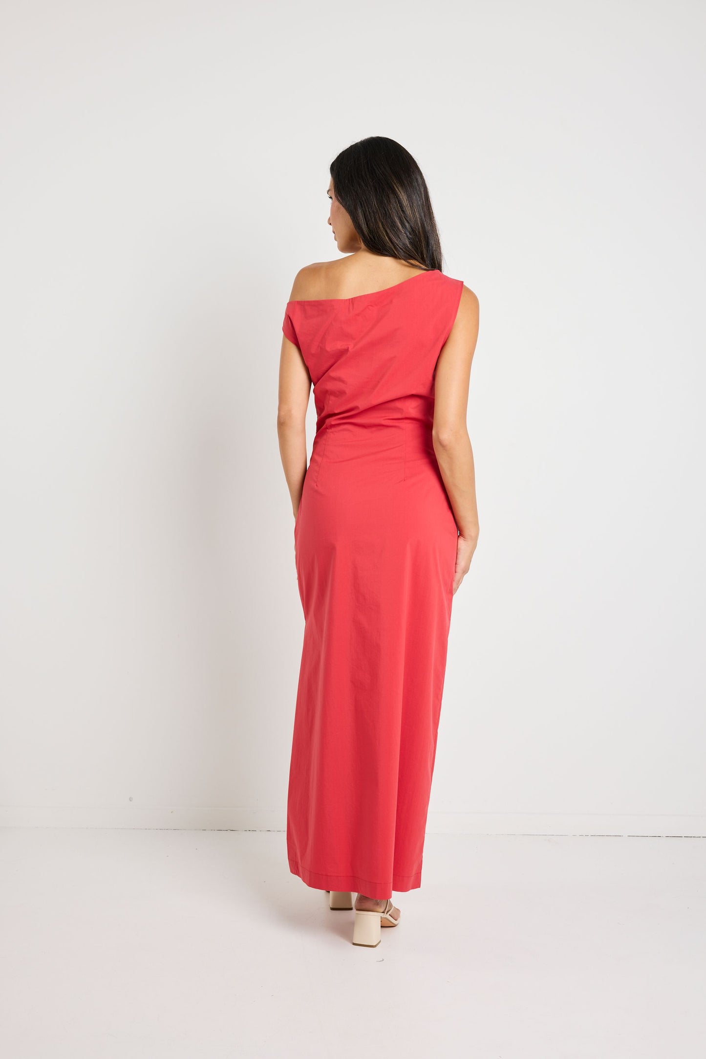 Classified Off Shoulder Tuck Maxi Dress (Cherry)