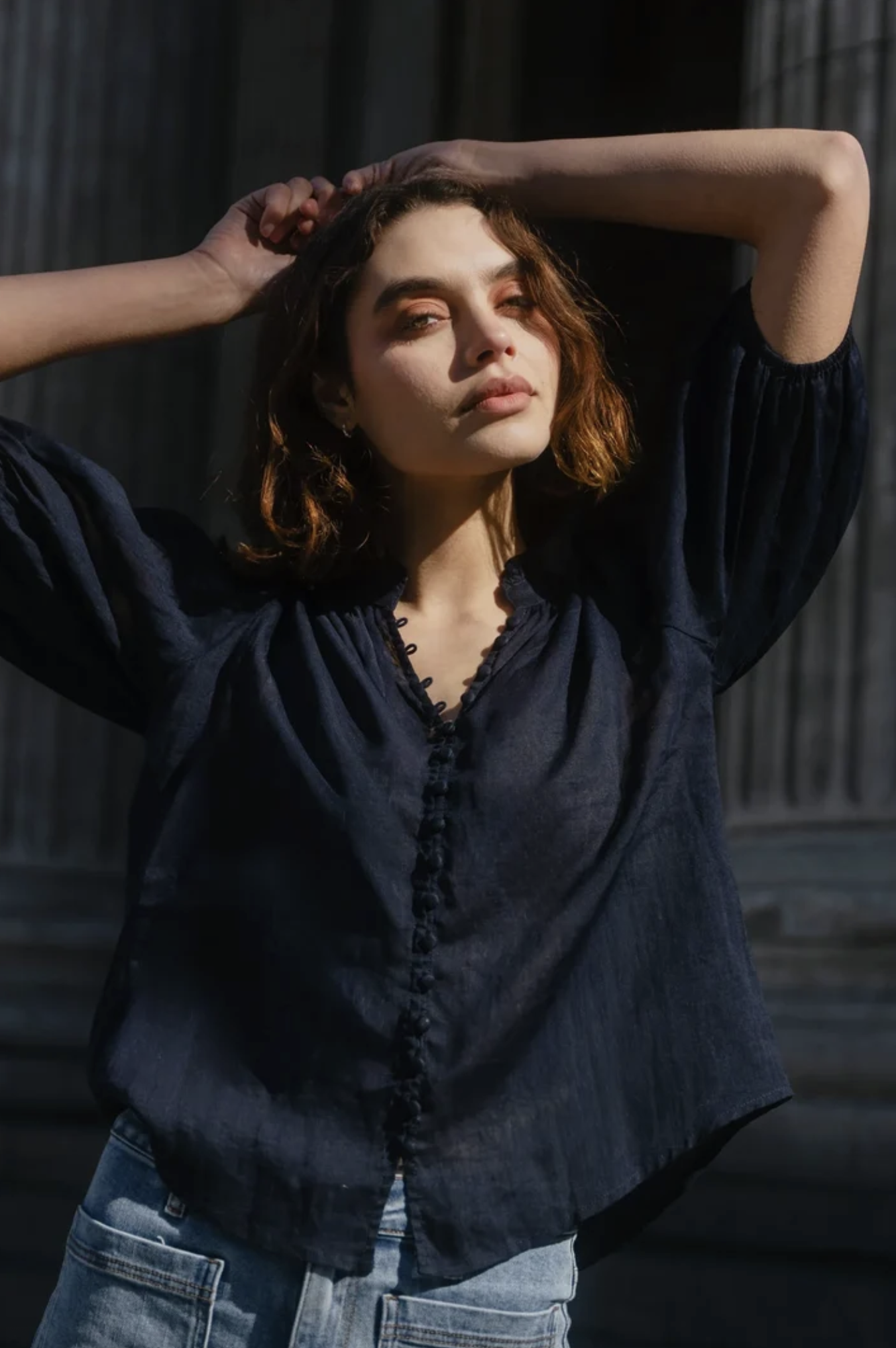 Ivy + Jack Continuance Ramie High Neck Buttoned Short Sleeve Top Navy | Women's Blouses | Gretel Lane
