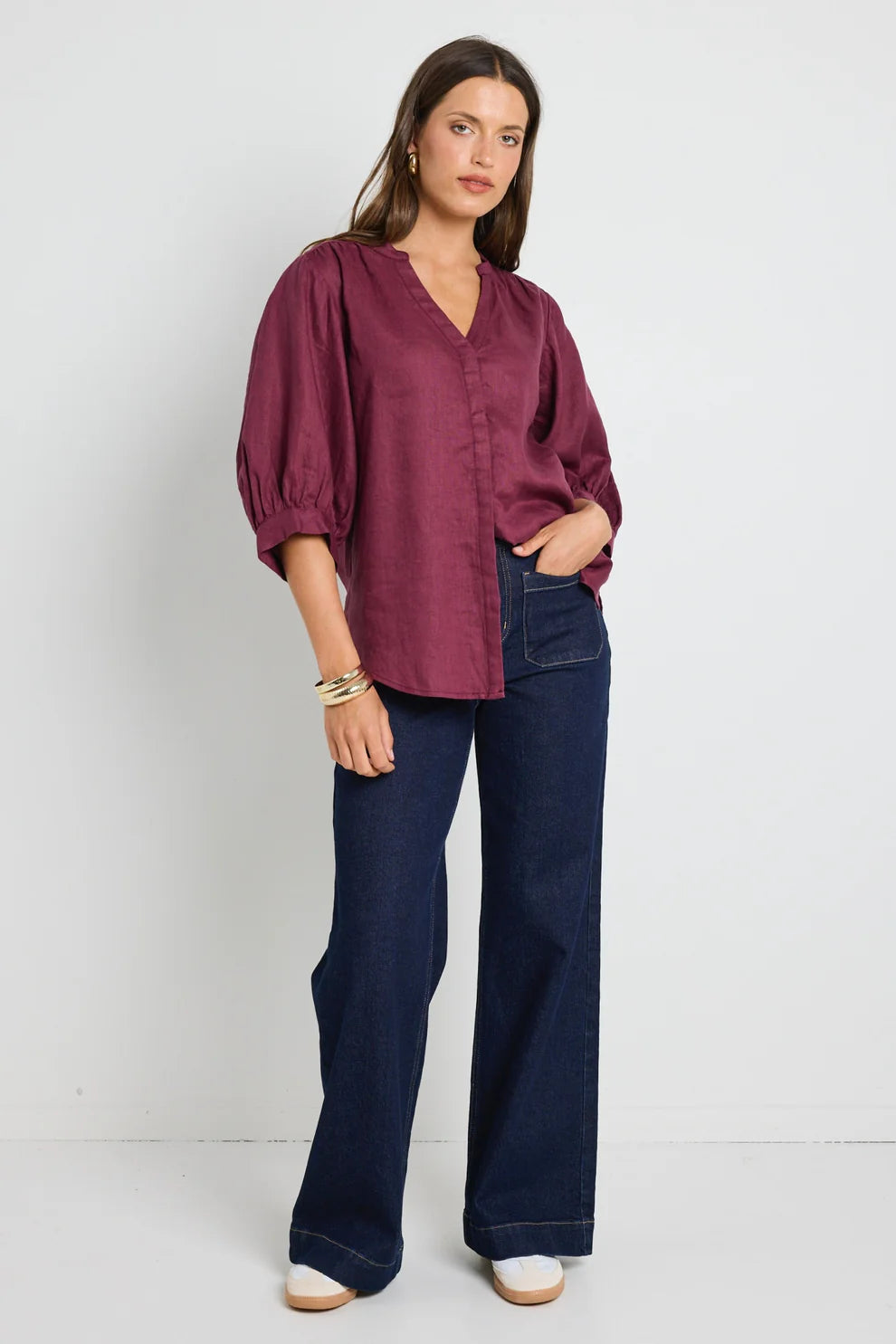 Deity Linen Button Through Puff Sleeve SS Blouse (Burgundy)