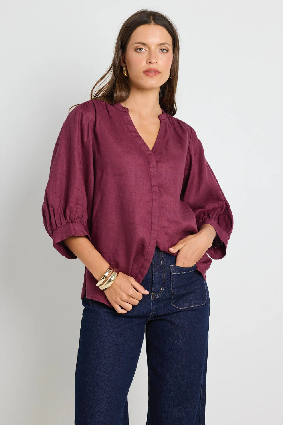 Deity Linen Button Through Puff Sleeve SS Blouse (Burgundy)