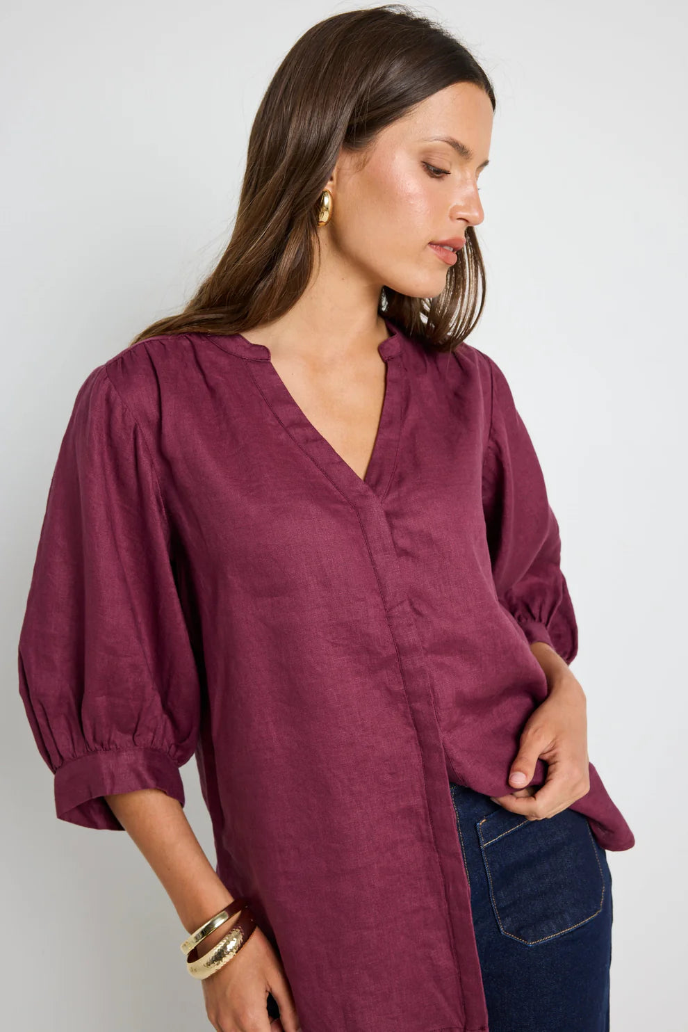 Deity Linen Button Through Puff Sleeve SS Blouse (Burgundy)