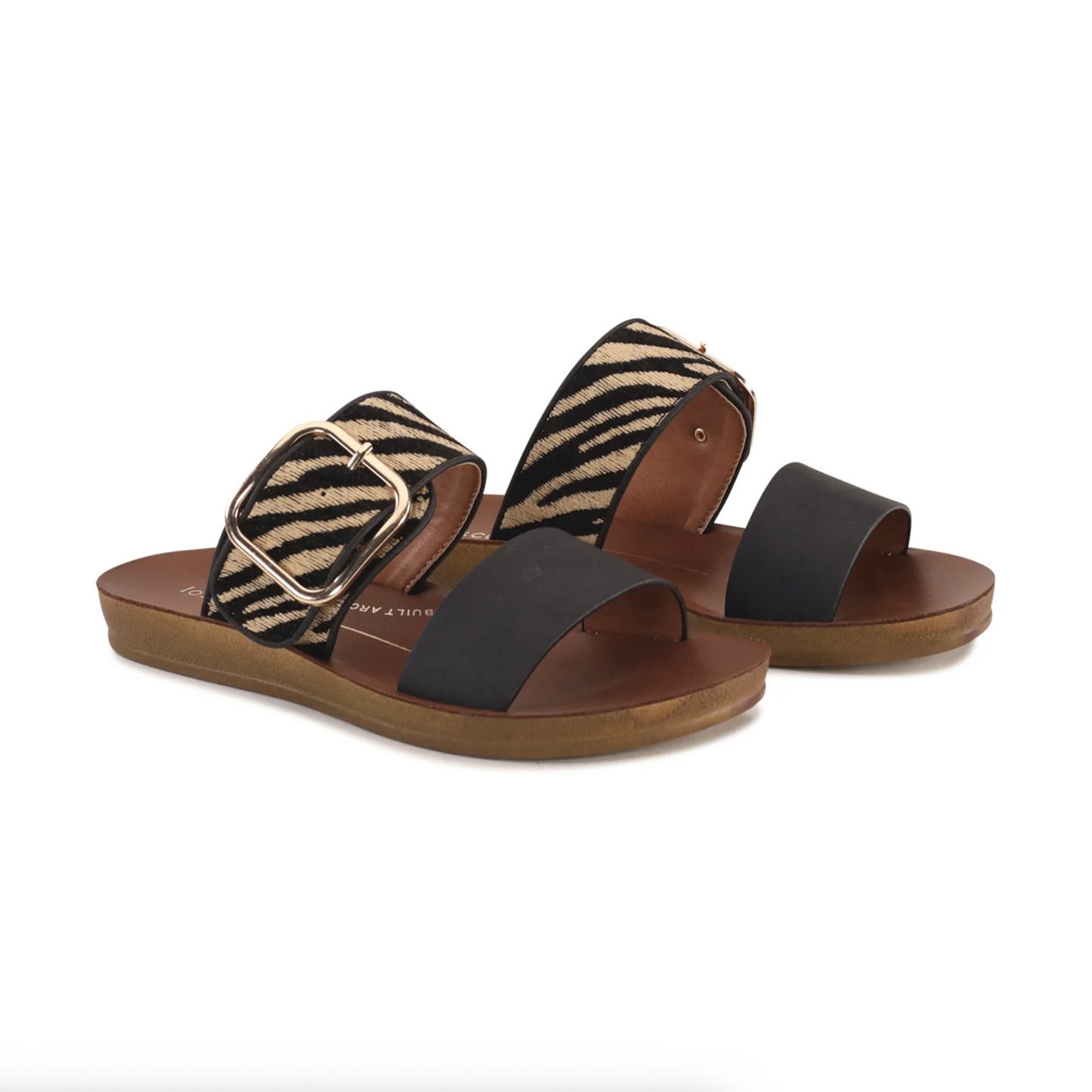 Los Cabos Doti Flat Double Strap Slip-On Sandal Black with Zebra | Gretel lane | Women's Sandal