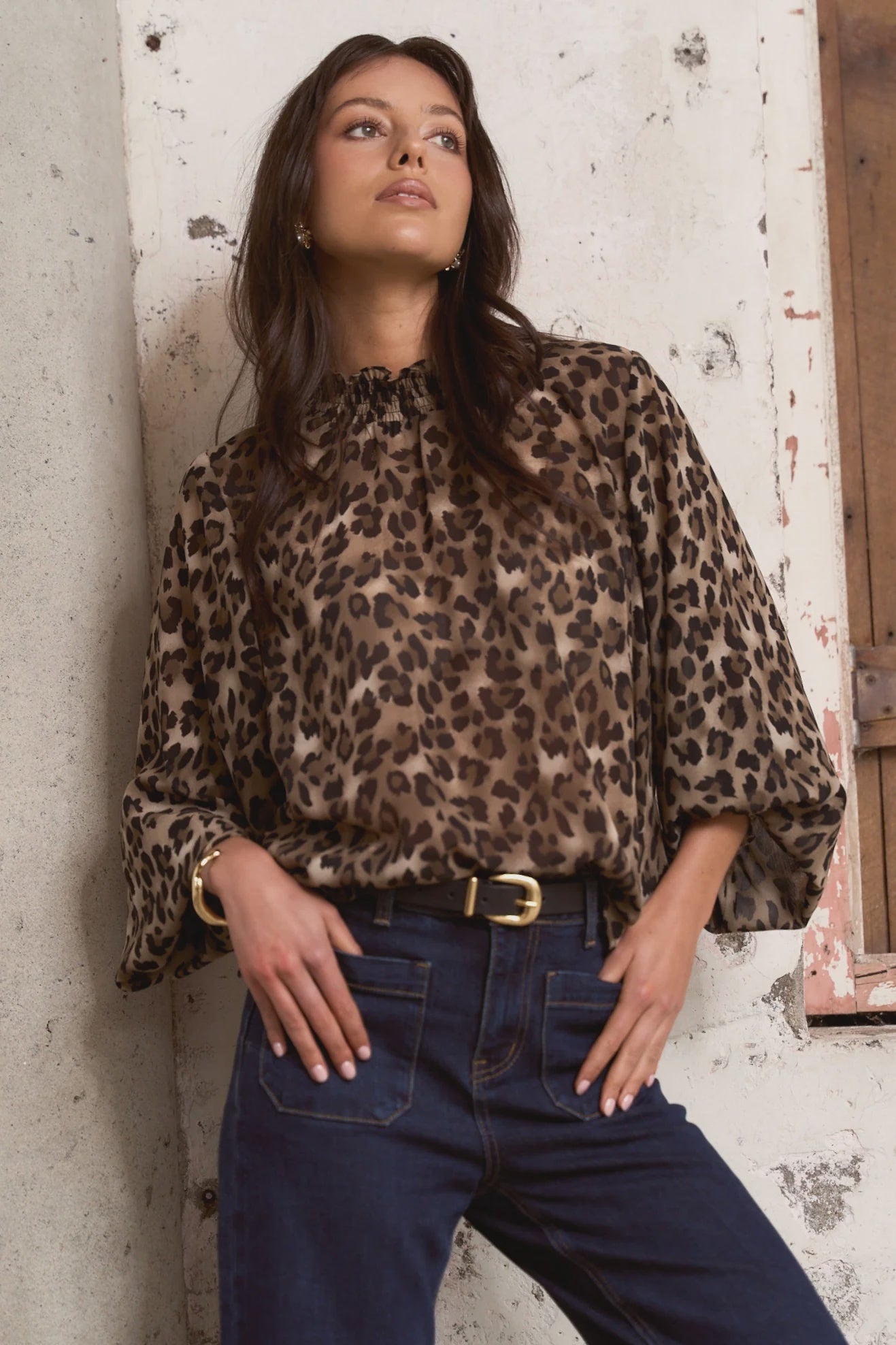 Embrace Georgette High Neck LS Top (Leopard)