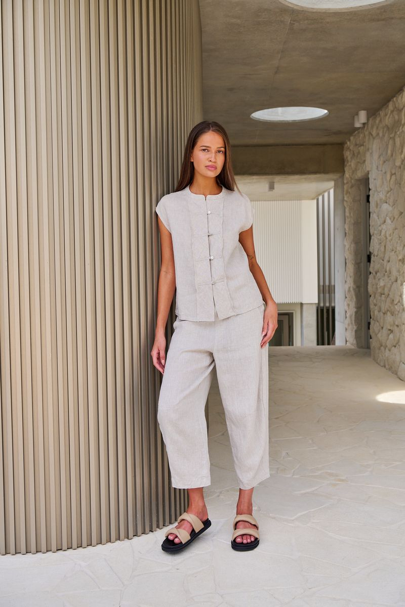 Naturals by O&J GA711 - Linen Barrel Leg Cropped Pants Sand | Women's Clothing | Gretel Lane