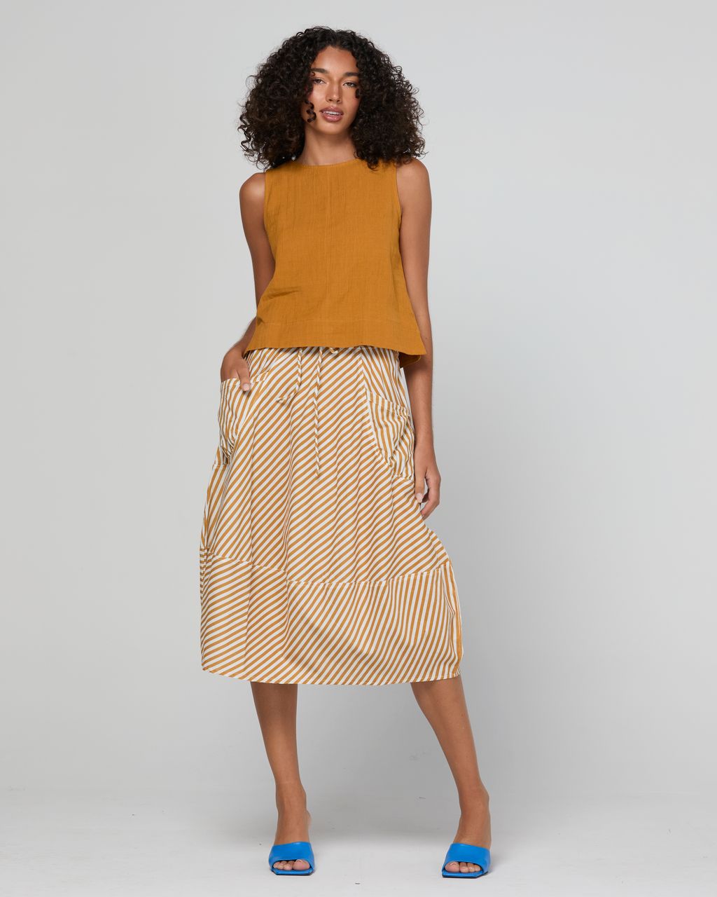 Boom Shankar Guru Cotton-Linen Blend 3/4 Skirt Mustard Stripe | Women's Skirts | Gretel Lane