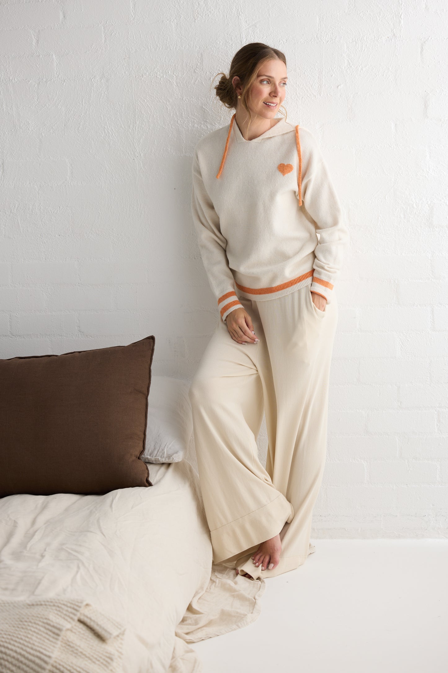 Bold Hearts Knit Hoodie in Off White with Orange