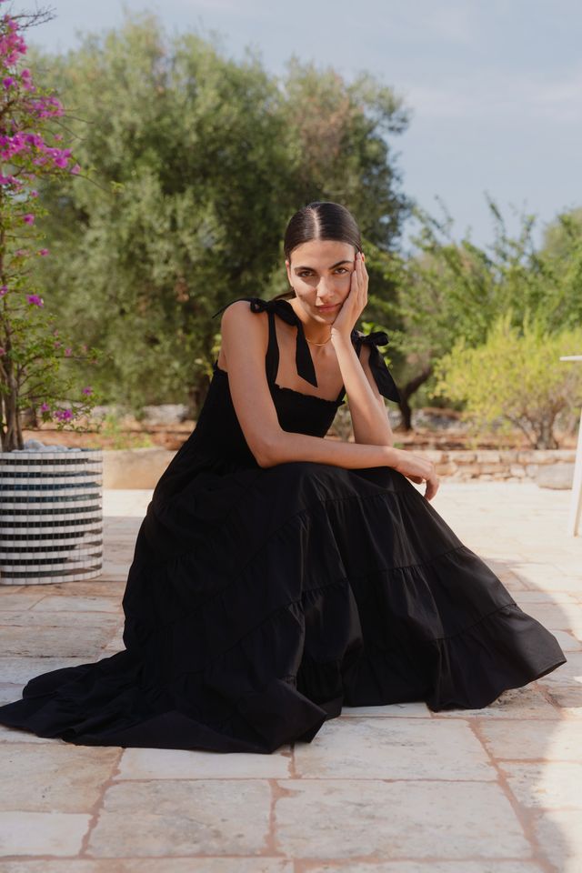 Isabella Strappy Tiered Maxi Dress (Black Cotton Poplin)