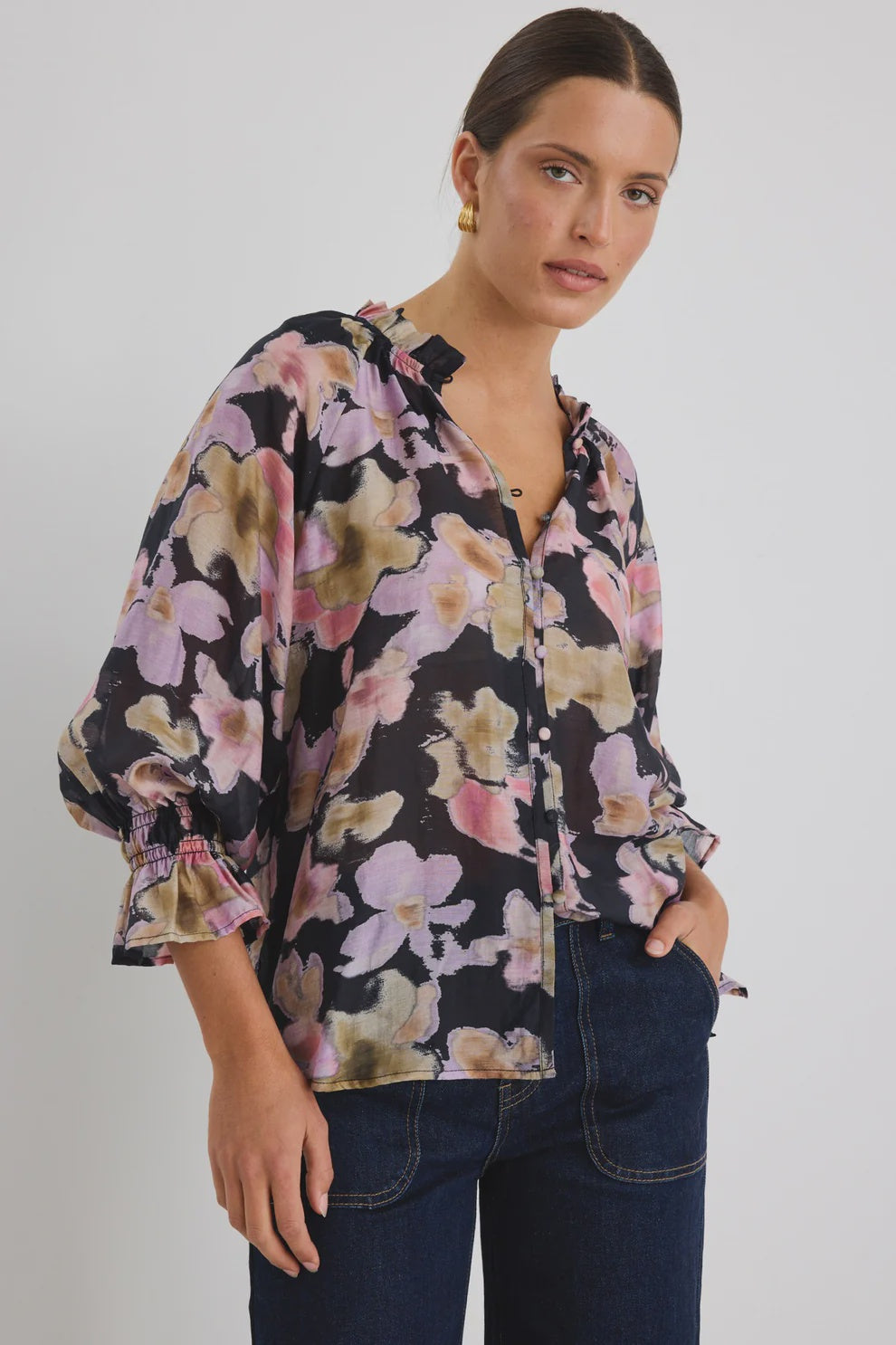 Mastery Button Though Top (Black Pressed Flower)