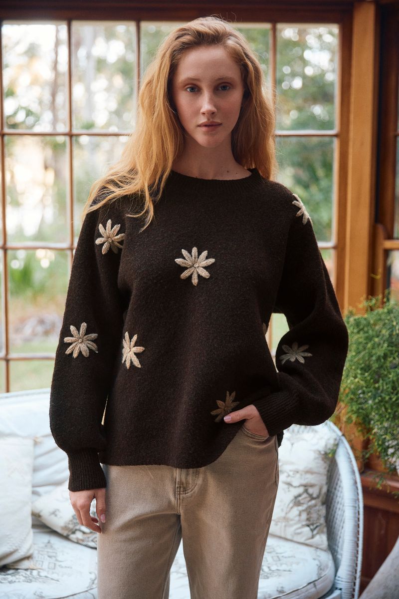 Isle of Mine Women's Miru Stitch Flower Brown Knit Jumper | Gretel Lane