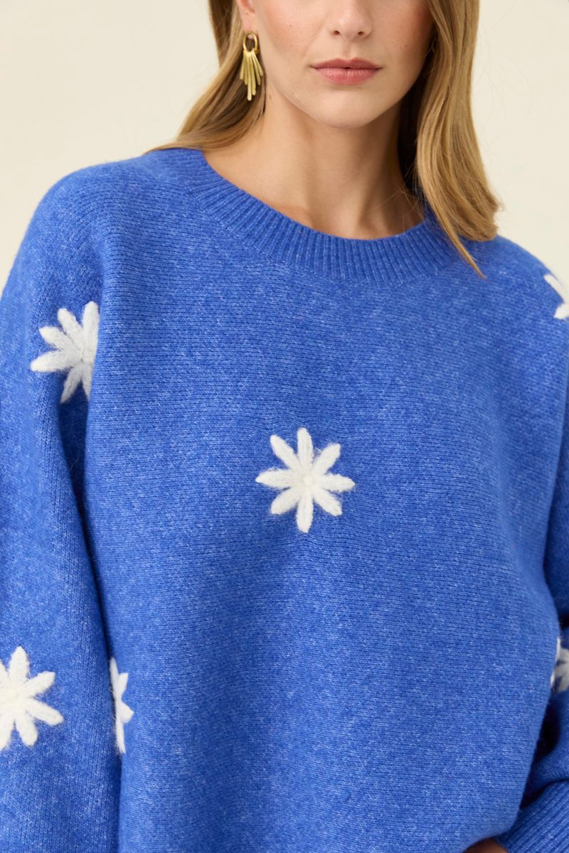Isle of Mine Women's Miru Stitch Flower Blue Knit Jumper | Gretel Lane