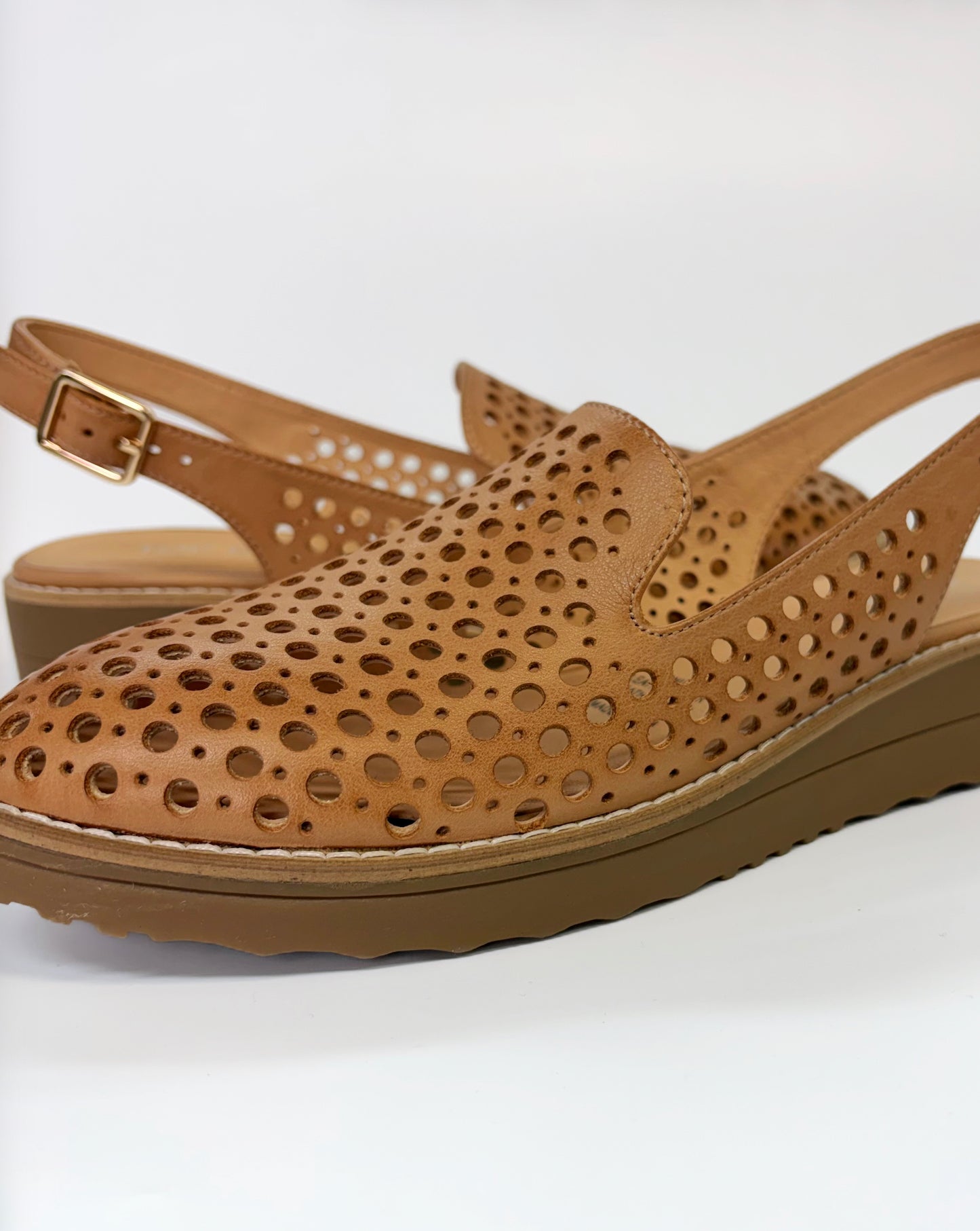 Onula Laser Cut Leather Slingback Loafer Dark Tan | Gretel Lane| Women's Loafer