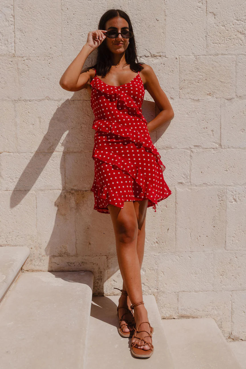 Passion Bias Ruffle Mini Slip Dress (Cherry Ditsy Polka Dot)