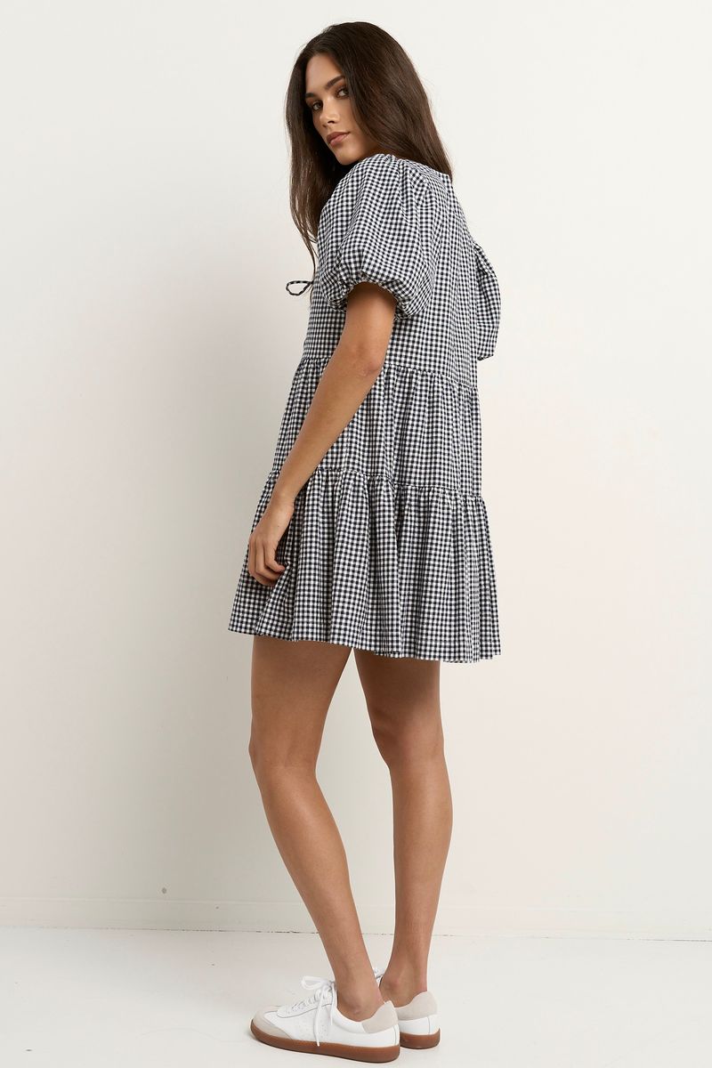 Roam Puff Sleeve Tie Front Mini Dress (Navy Gingham)