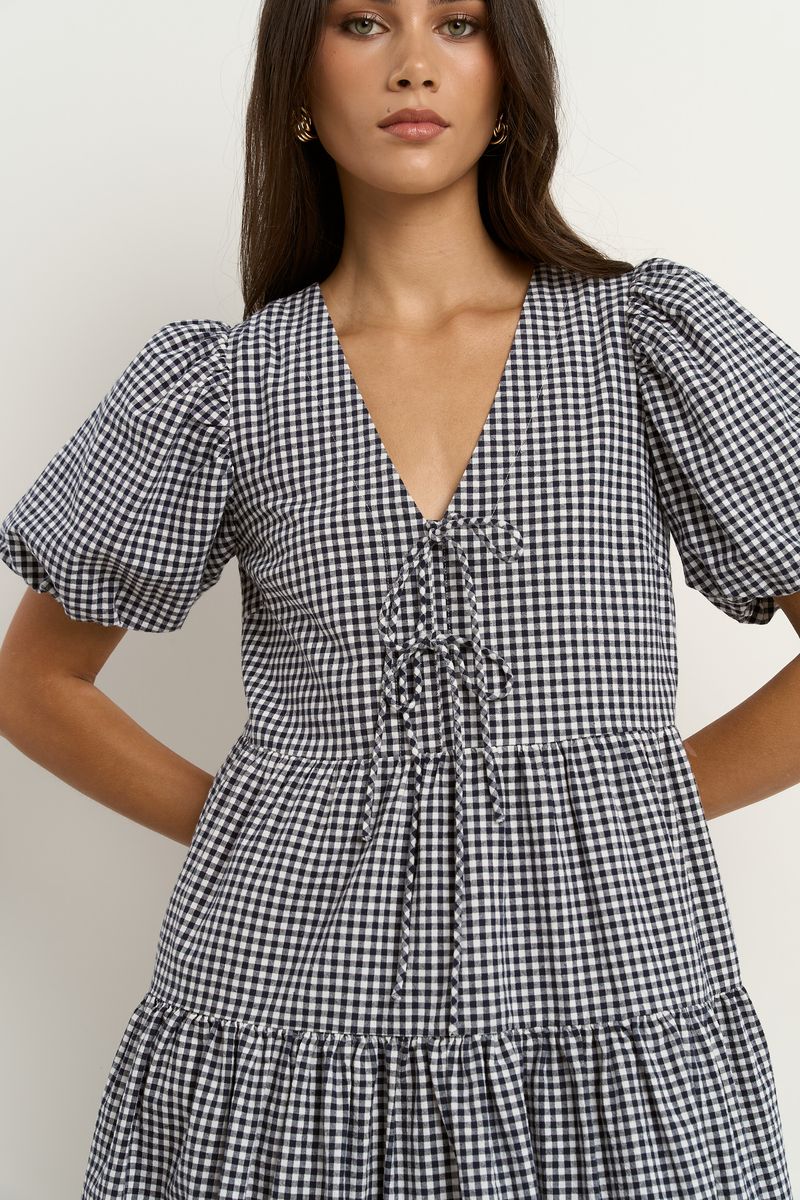 Roam Puff Sleeve Tie Front Mini Dress (Navy Gingham)
