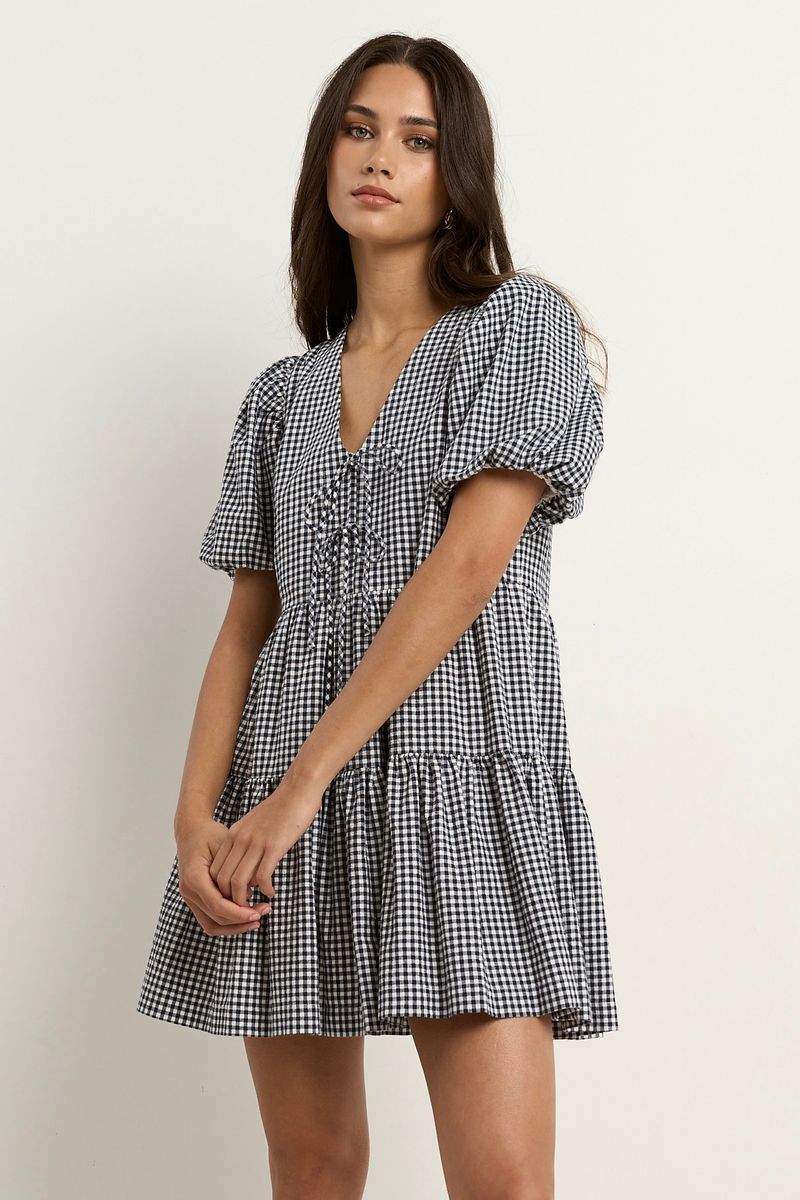 Roam Puff Sleeve Tie Front Mini Dress (Navy Gingham)