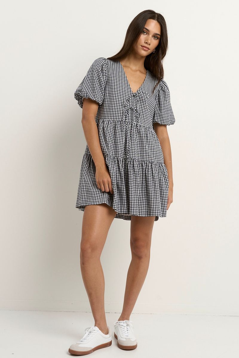 Roam Puff Sleeve Tie Front Mini Dress (Navy Gingham)