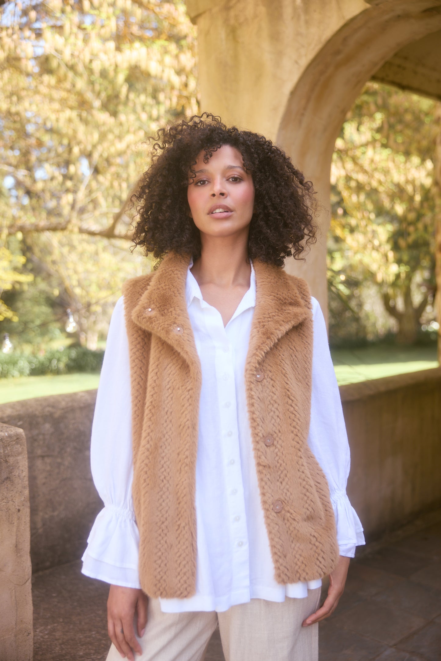 The Shanty Corporation Bruna Faux Fur Vest in Camel | Women's Vests | Gretel Lane
