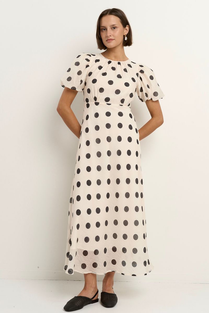 Stage Puff Sleeve Floaty Maxi Dress (Cream/Black Polka Dot)