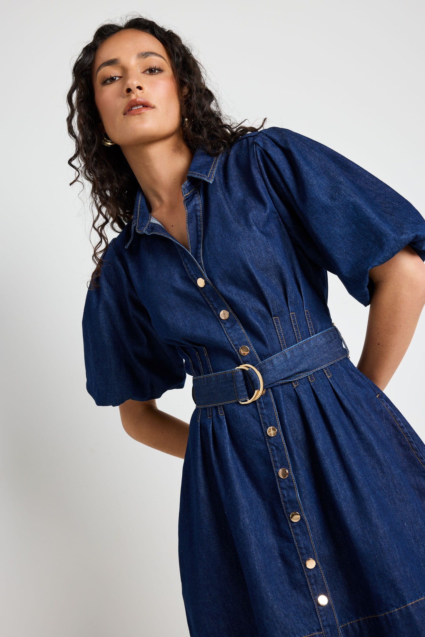 Sundown Puff Sleeve Denim Mini Dress (Indigo)