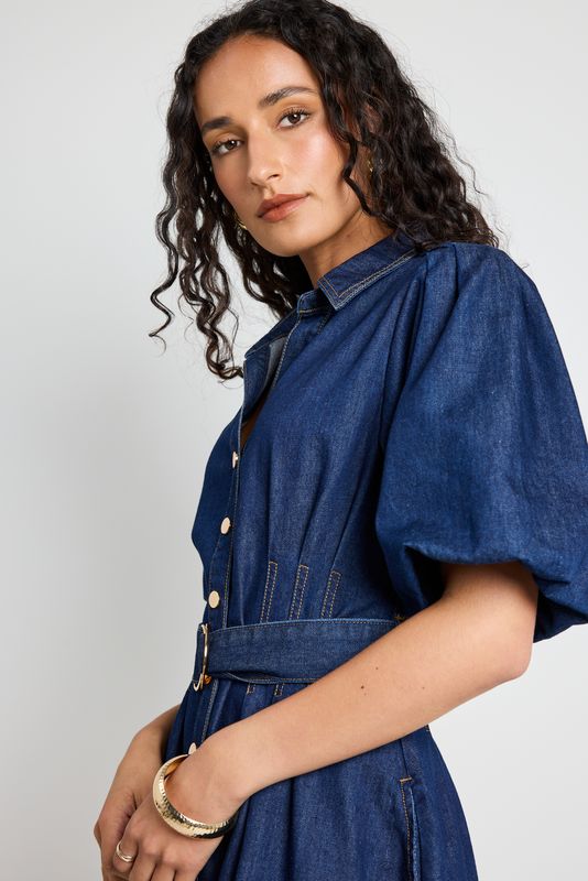 Sundown Puff Sleeve Denim Mini Dress (Indigo)