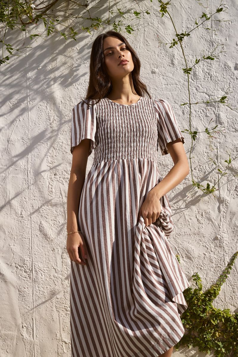 Wren Cotton SS Shirred Bodice Midi Dress (Chocolate Stripe)
