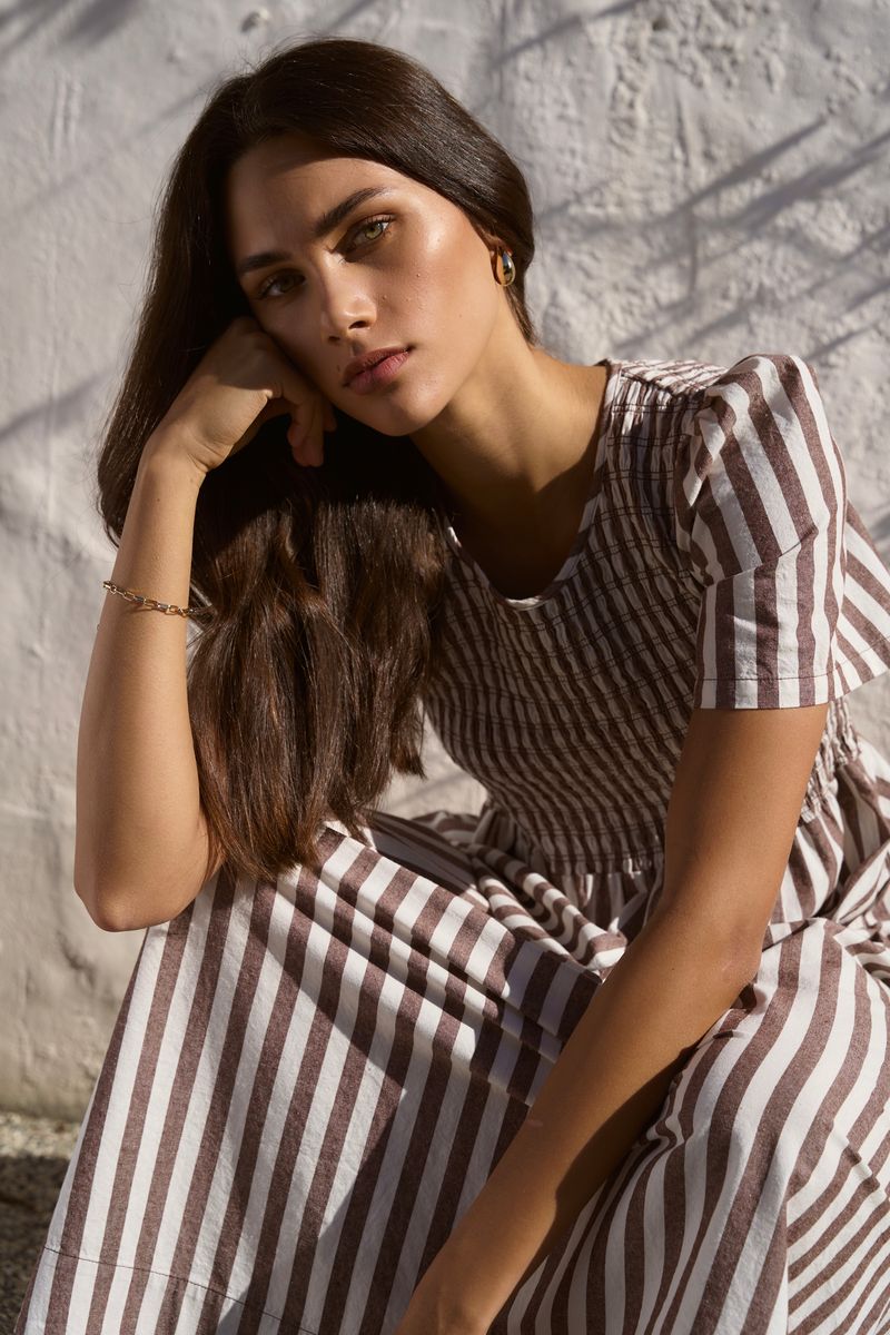 Wren Cotton SS Shirred Bodice Midi Dress (Chocolate Stripe)