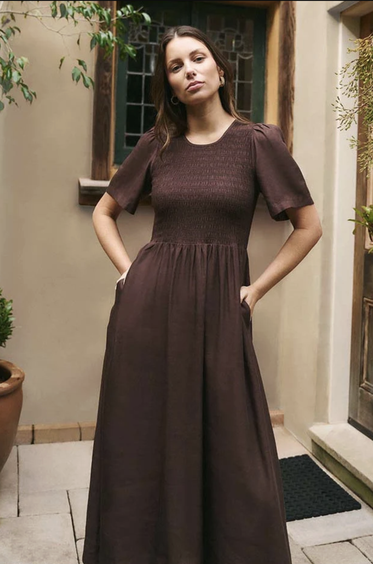 RE:UNION Wren Shirred Bodice Midi Dress Chocolate Linen Blend | Women's Dresses | Gretel Lane