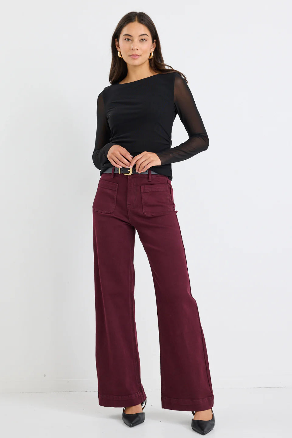 Zoey High Rise Wide Leg Jean (Burgundy)