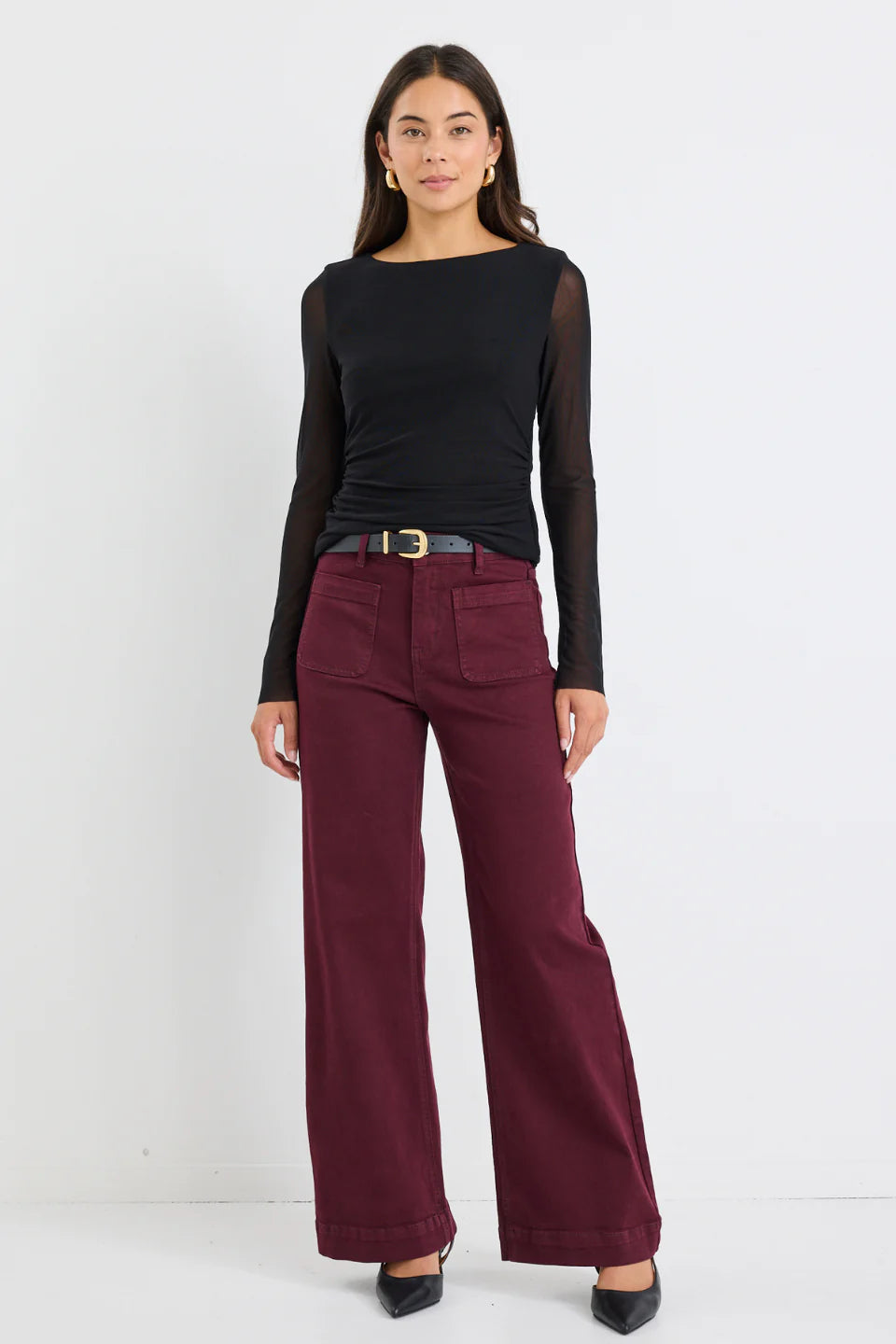 Zoey High Rise Wide Leg Jean (Burgundy)