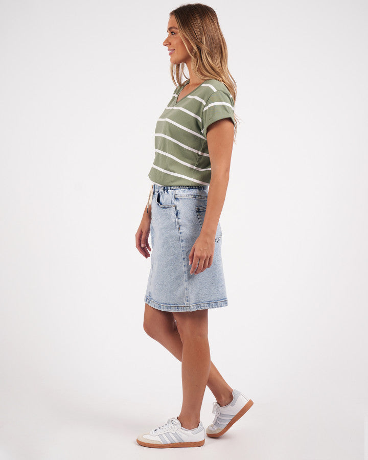 Foxwood Manly Stripe Vee Cotton Tee Sage/White Stripe | Women's T-Shirts | Gretel Lane