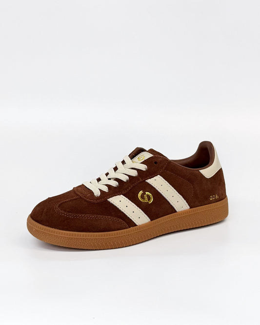 GoodSole Women's Brown Suede 2001 Parallel Sneaker with white Stripes | Gretel Lane