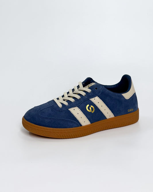 Women's Blue Suede Sneaker with White Stripes | Gretel Lane