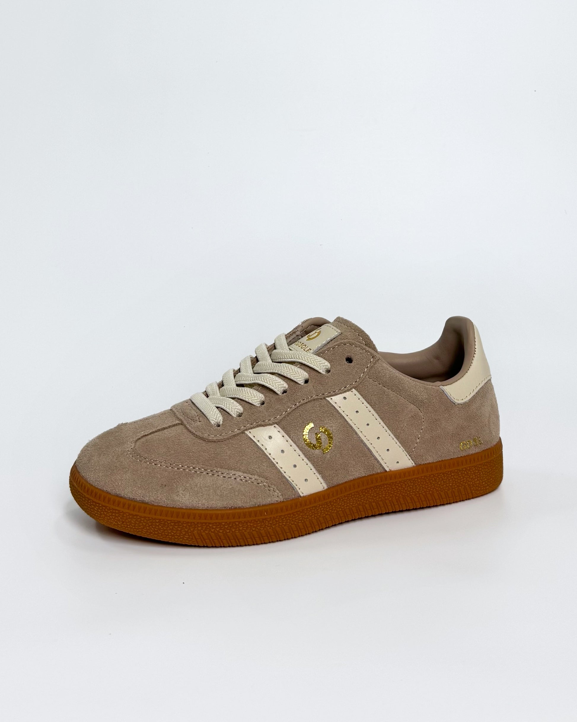 Women's Taupe Suede Sneaker with White Stripes | Gretel Lane