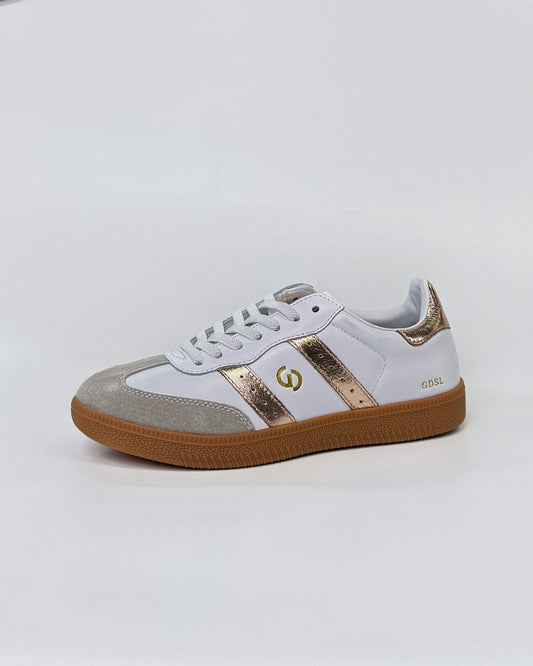 GoodSole 2001 Parallel Women's Sneaker in White/Gold Leather | Gretel Lane