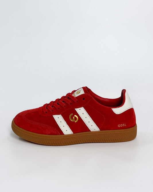 Red Suede Women's Sneaker with White Stripes | Gretel Lane