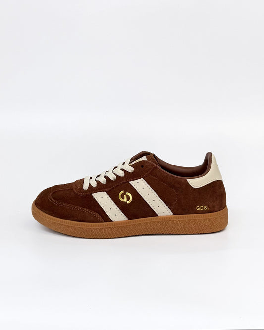 GoodSole Women's Brown Suede 2001 Parallel Sneaker with white Stripes | Gretel Lane
