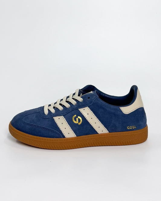 Women's Blue Suede Sneaker with White Stripes | Gretel Lane