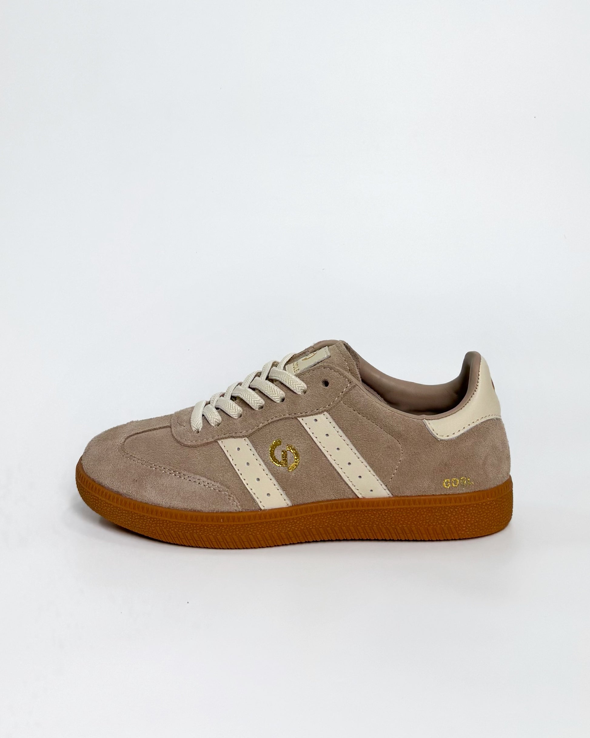 Women's Taupe Suede Sneaker with White Stripes | Gretel Lane