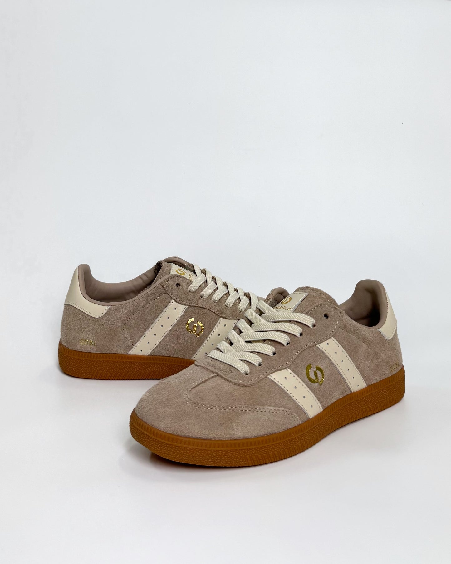 Women's Taupe Suede Sneaker with White Stripes | Gretel Lane