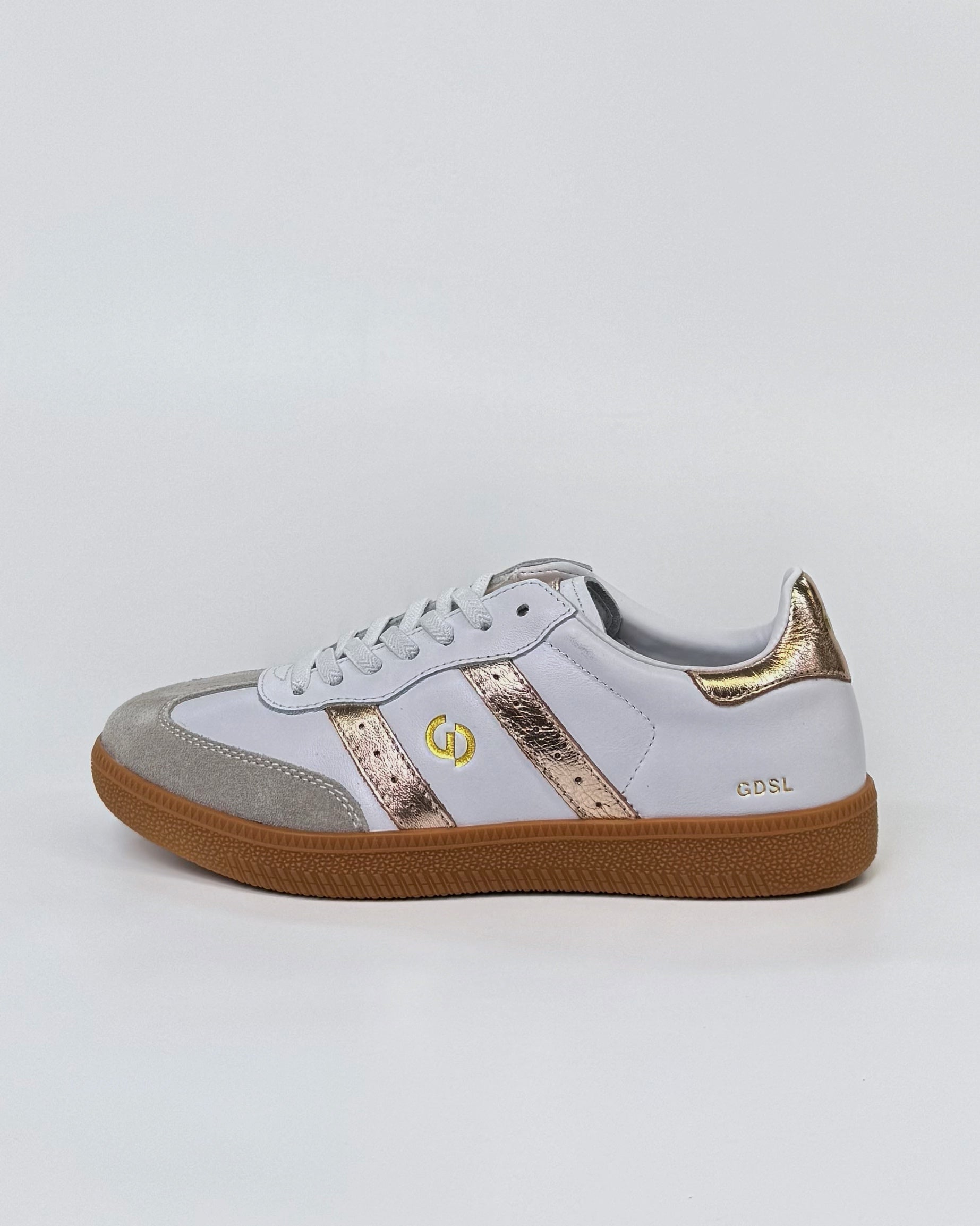 GoodSole 2001 Parallel Women's Sneaker in White/Gold Leather | Gretel Lane