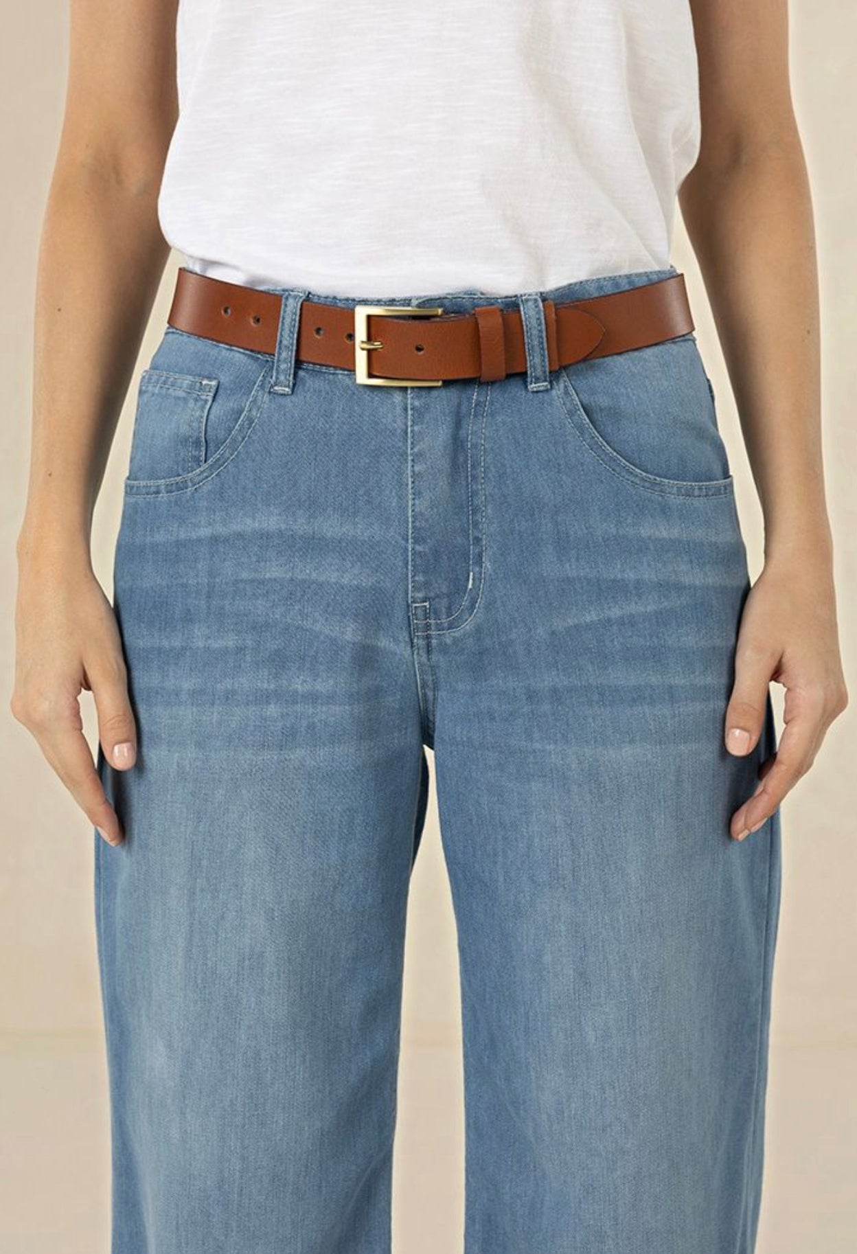 Humidity Women's Classic Tan Leather Belt with Gold Buckle | Gretel Lane
