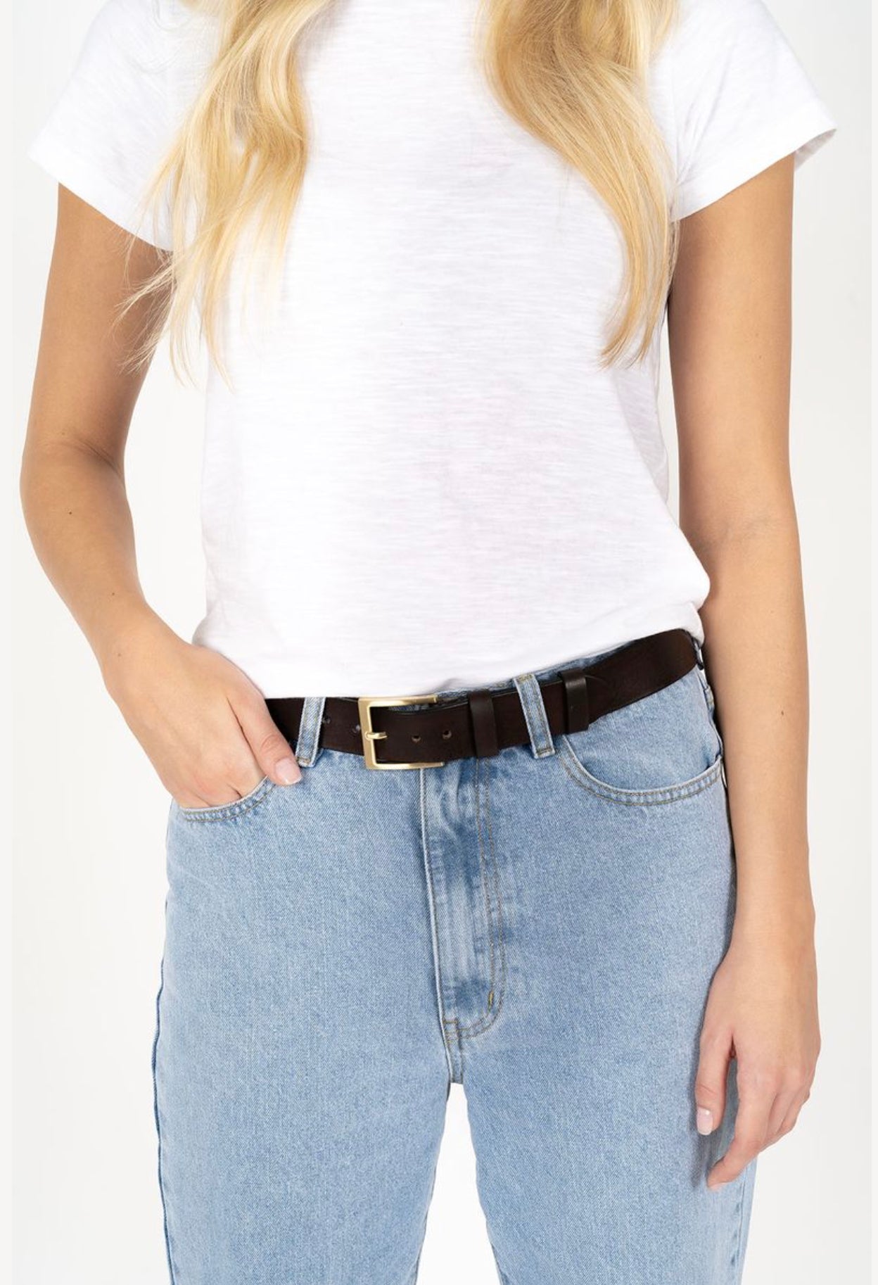 Humidity Women's Dark Brown Classic Leather Belt with Gold Buckle | Gretel Lane