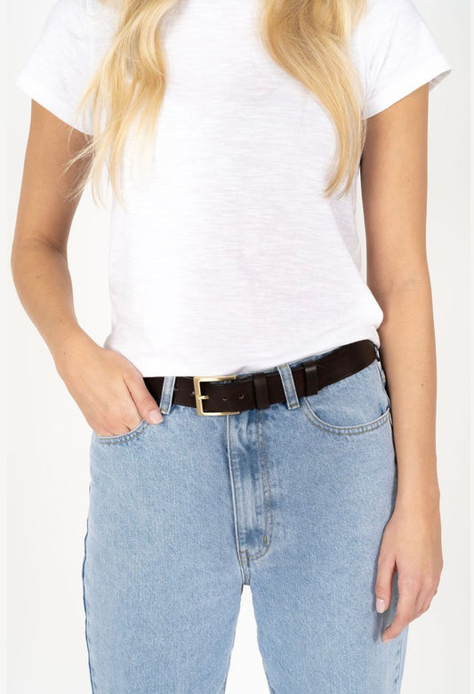 Humidity Women's Dark Brown Classic Leather Belt with Gold Buckle | Gretel Lane
