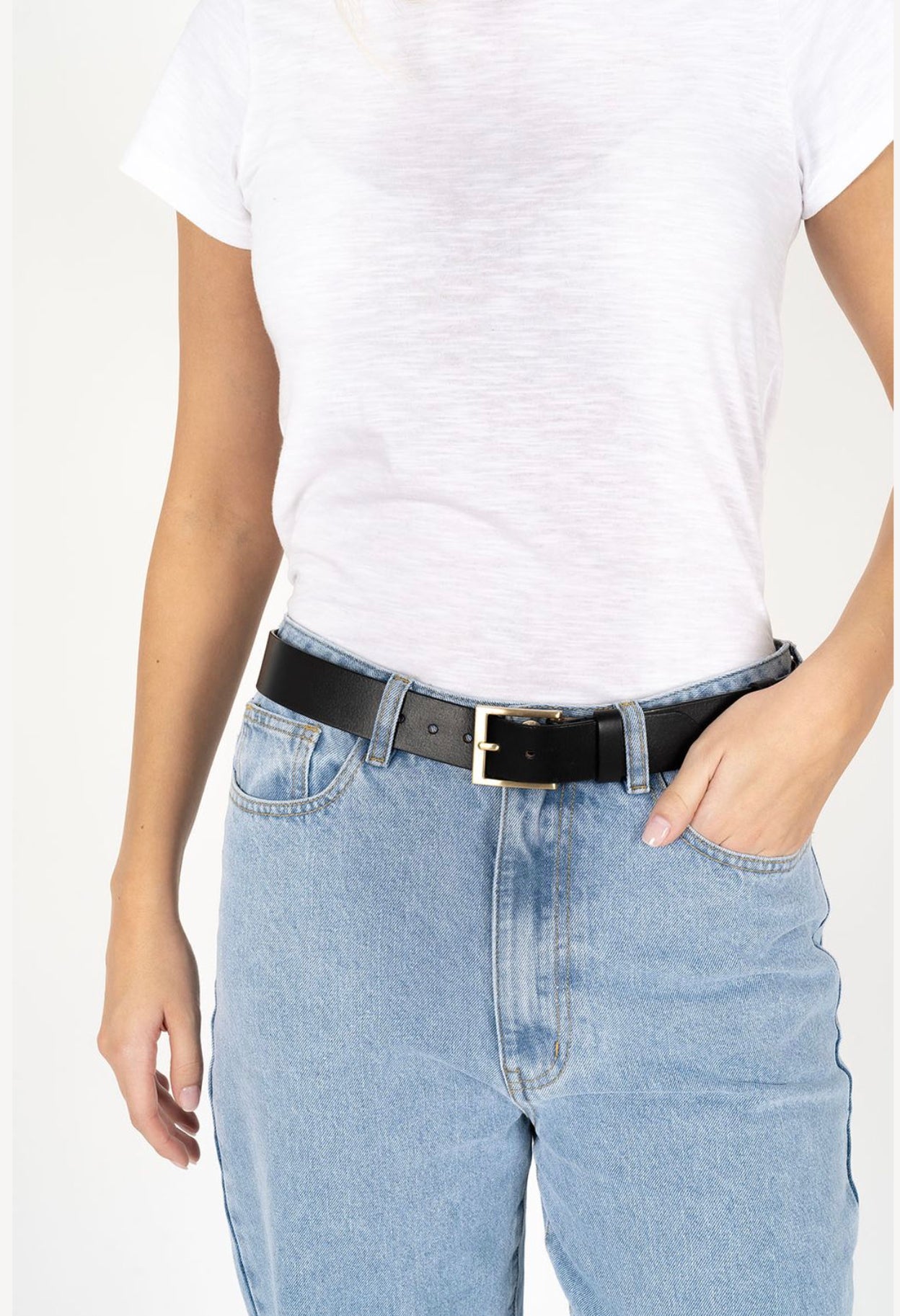 Humidity Women's Classic Black Leather Belt with Gold Buckle | Gretel Lane