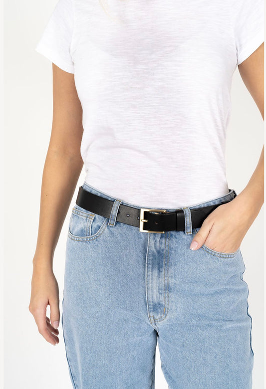 Humidity Women's Classic Black Leather Belt with Gold Buckle | Gretel Lane